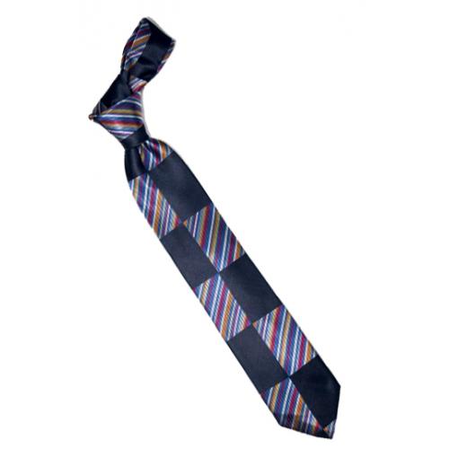 Steven Land Collection "Big Knot" BW554 Navy / Multi Color Diagonal Stripes / Blocks 100% Woven Silk Necktie / Hanky Set
